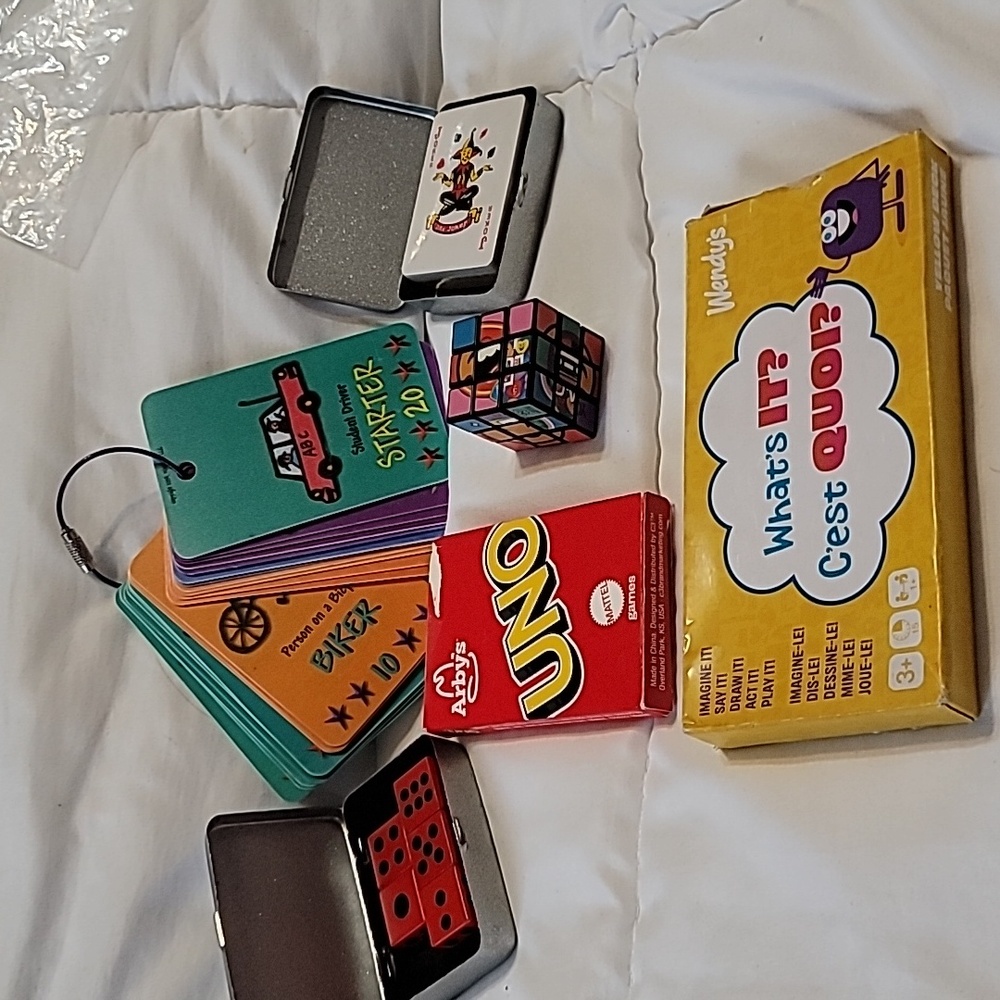 Miniature Travel Game Lot of 10 (dice, cards,Uno, Rubik's cube,& I spy game,etc)